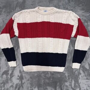 Vtg Cambridge Classics Sweater Mens L Cream Red Navy Colorblock Cable Knit USA
